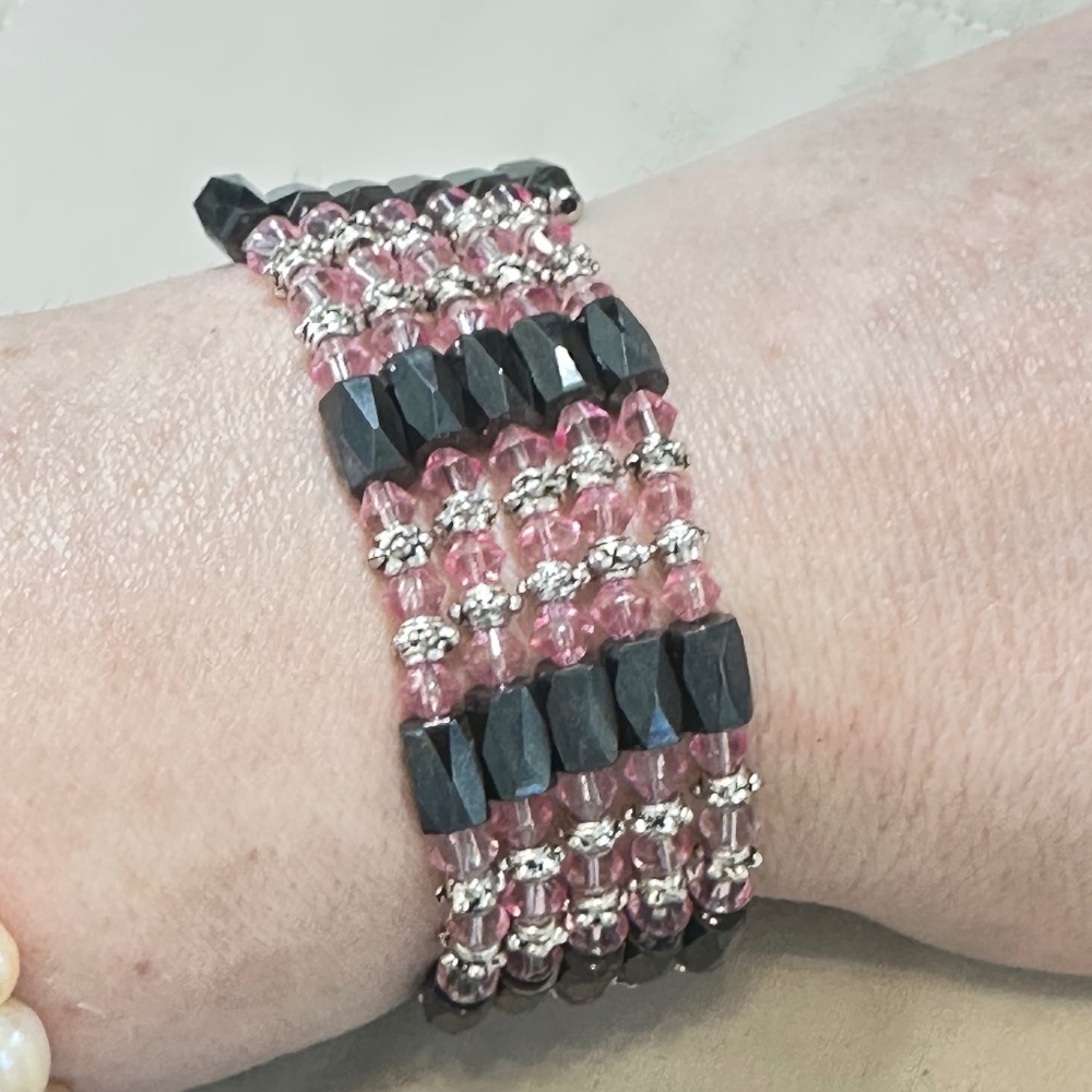 Magnetite & pink faceted beads multifunctional bracelet/necklace